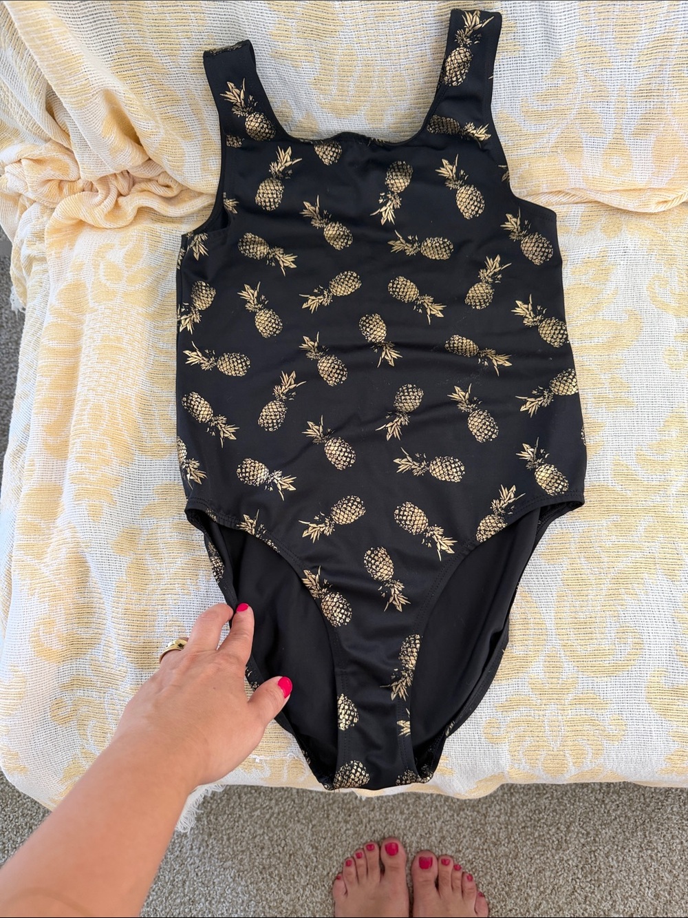 Black One-Piece Swimsuit with Gold Pineapple Print